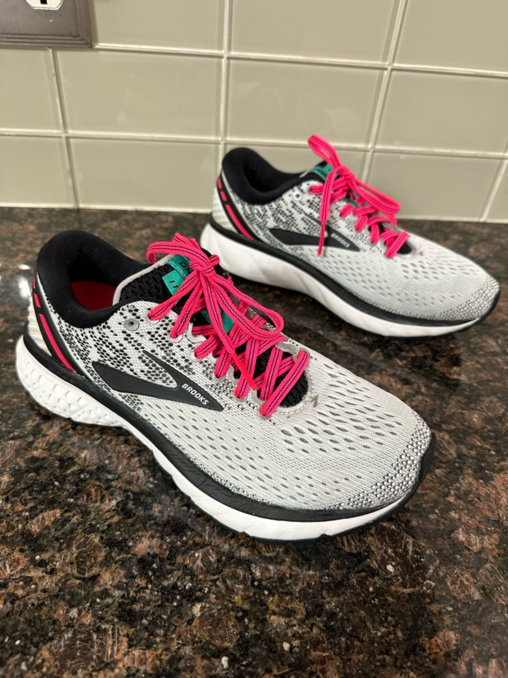 Brooks Women's Athletic Running Shoes - White, Pink and Black GHOST